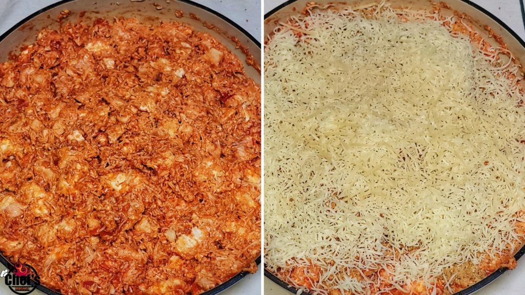 Chicken parm dish with and without cheese topping 