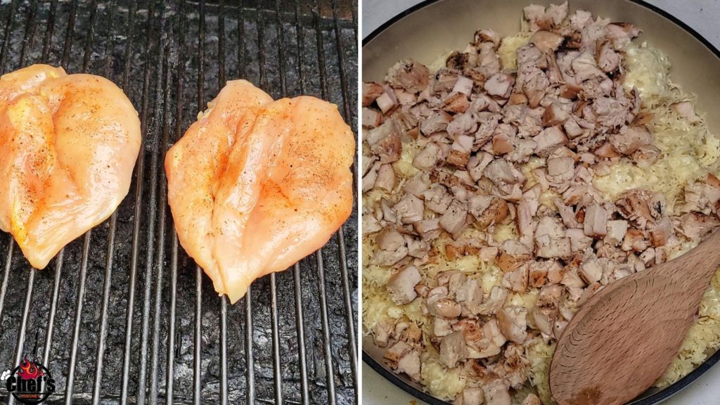 Chicken breasts on grill grates and diced in pan