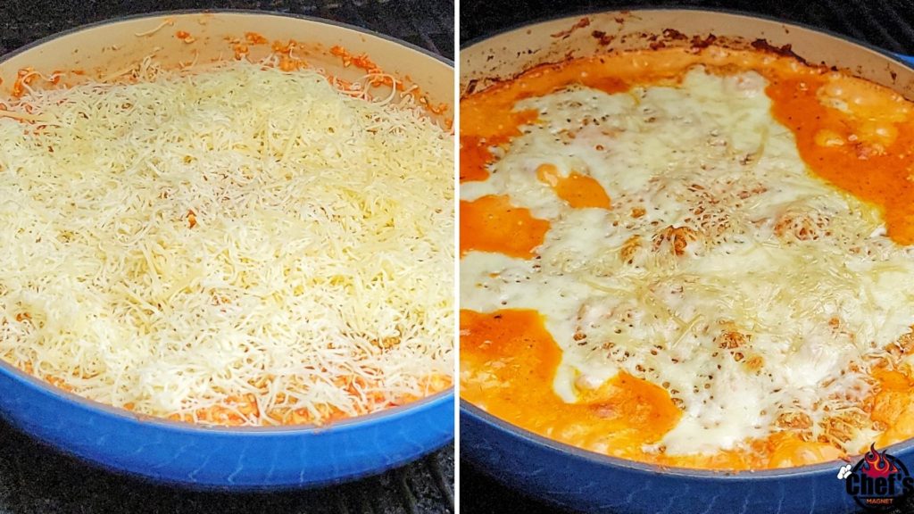 Chicken parm dish in smoker with before and after images 