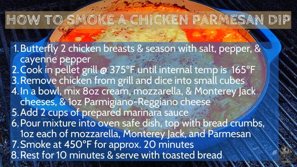 Instructions on how to smoke chicken parm dip
