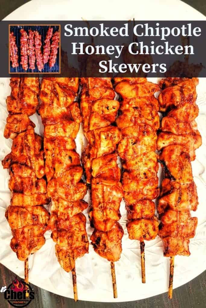 Chicken Kababs on wooden skewers on white plate