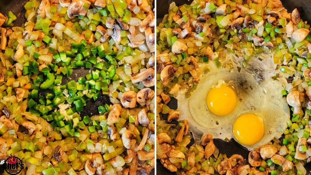 Cooking veggies and eggs in breakfast hash