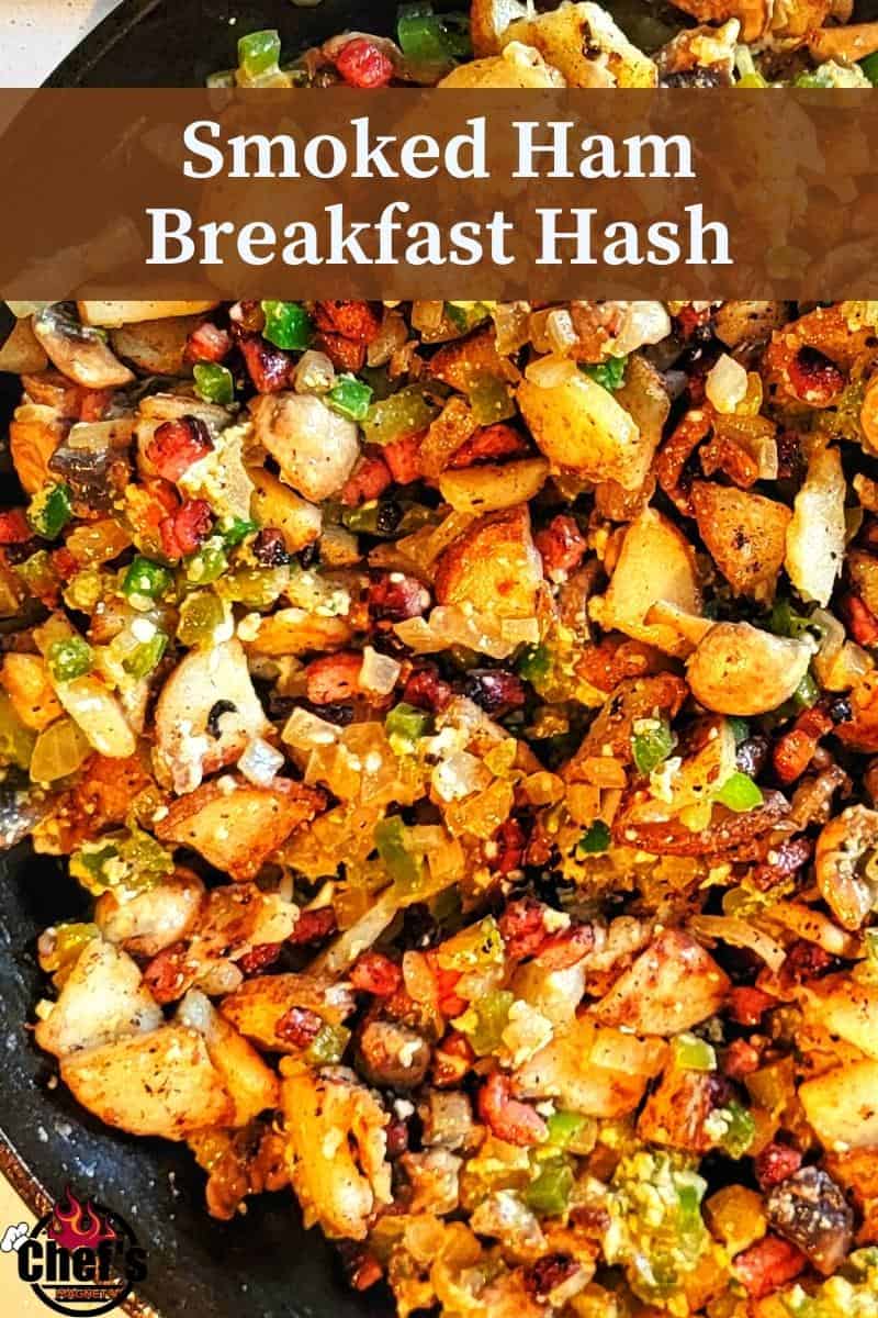 Smoked ham breakfast hash in cast iron pan