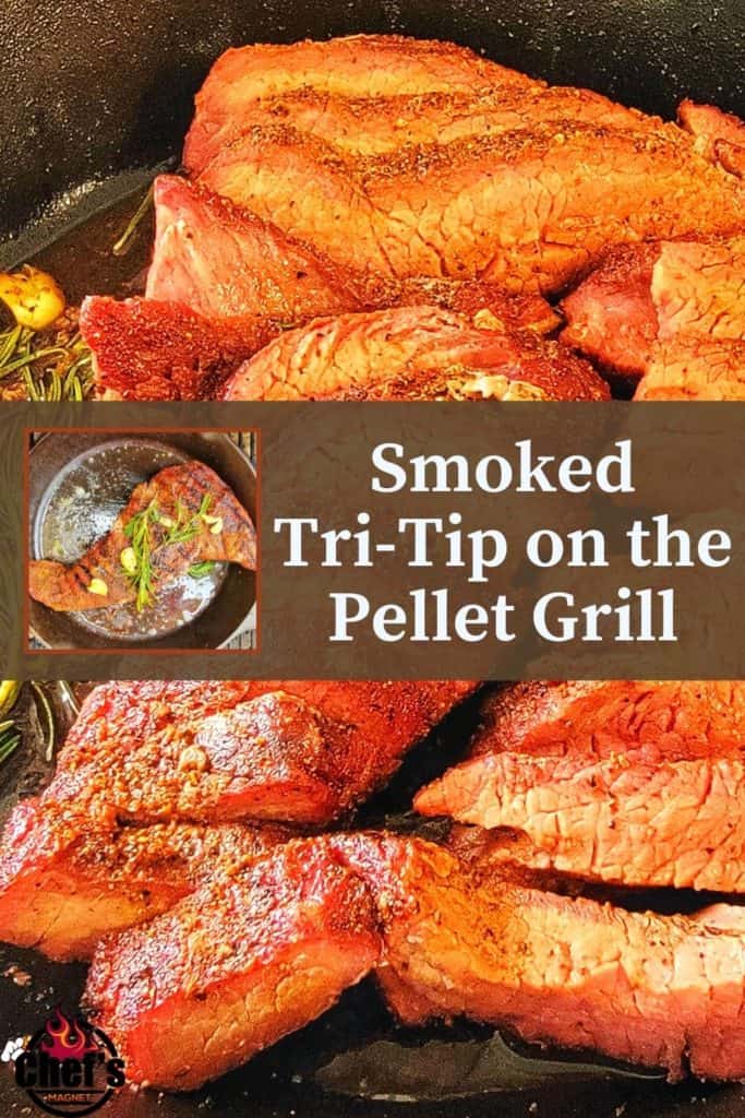 Smoked and sliced tri-tip steak incast-iron pan Pinterest Pin 