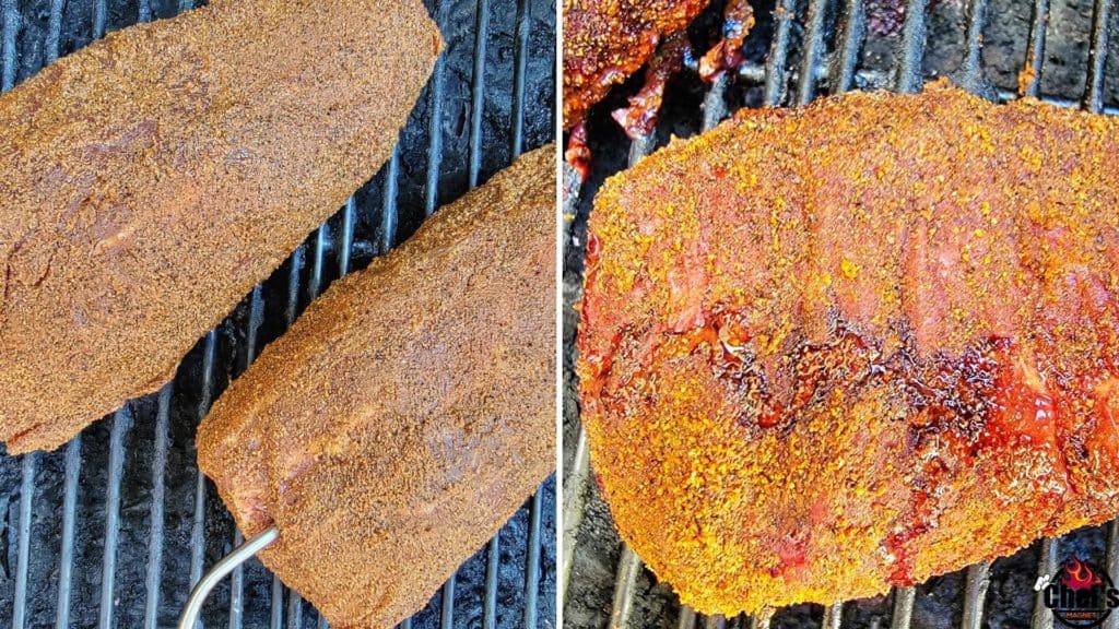 Smoked Beef chuck roast on smoker grill grates with probe thermometer 