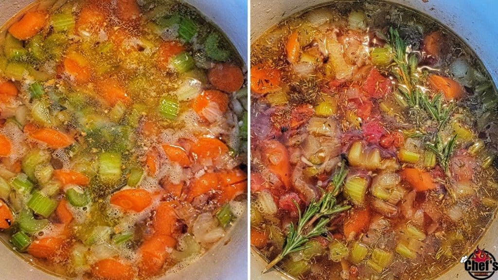 Veggies and liquid boiling in large pot