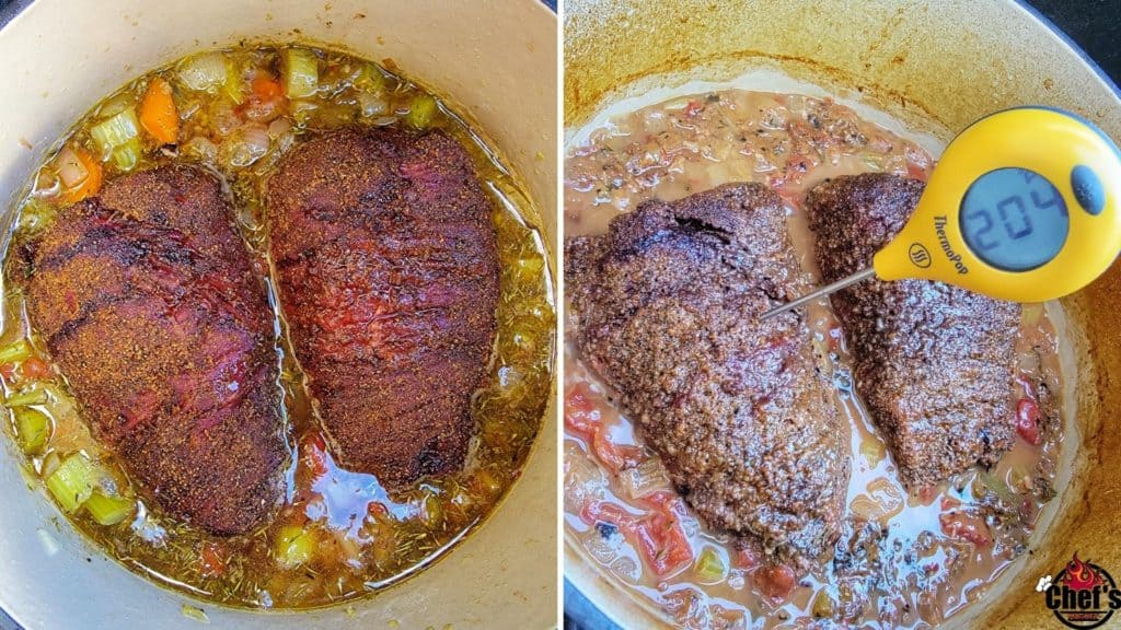 Pot roasts in pot with veggies and liquid with thermometer showing 204 degrees