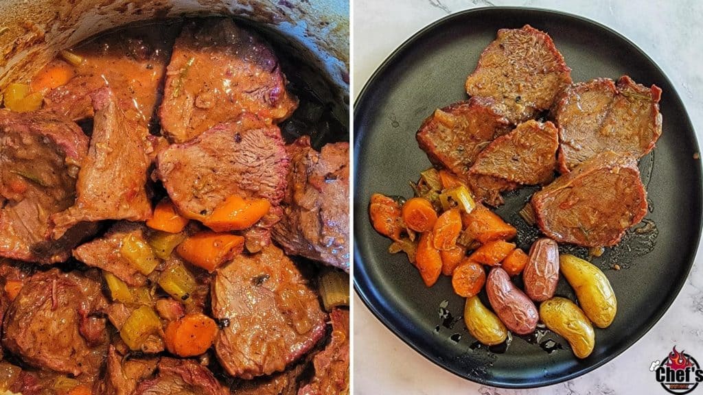 Sliced roast mixed with pot ingredients and placed on black plate 