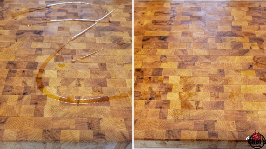 Before and after wood butcher block cutting board being oiled 