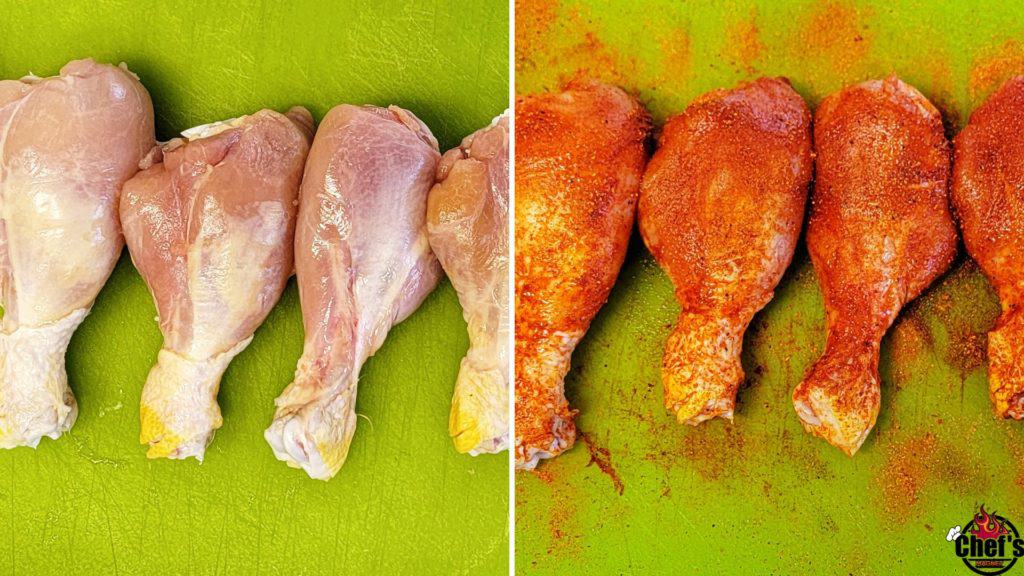 Smoked Cherry Drumsticks with Glaze before and after seasoned with rub