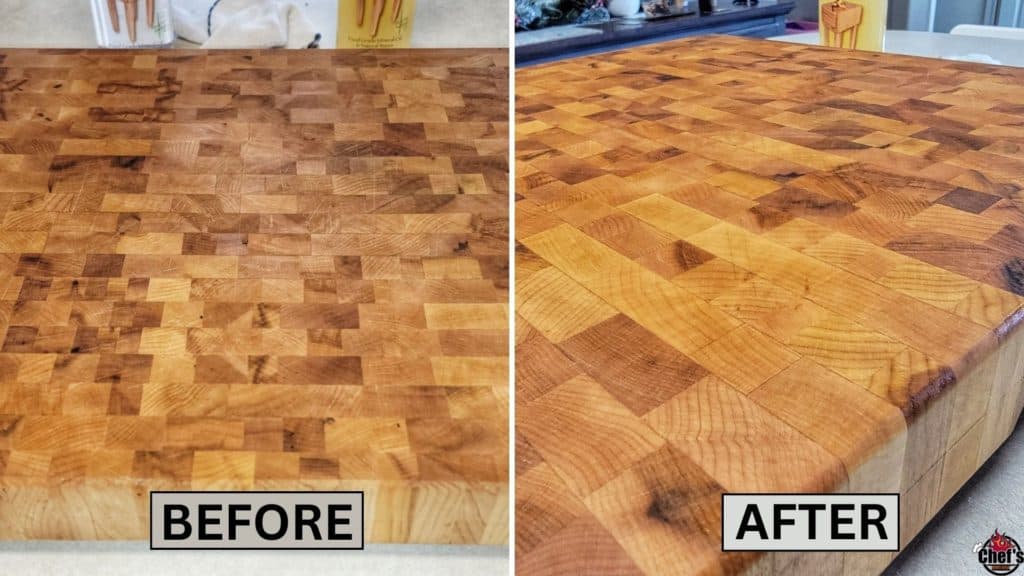 Before and after wood cutting board cleaned and oiled 