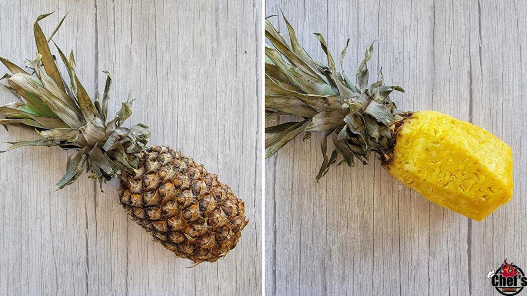 Sliced pineapple on grey wood background 
