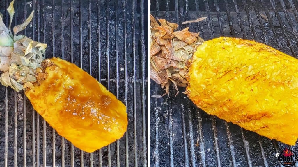 Sliced pineapple on smokers grill grates covered in brown sugar glaze