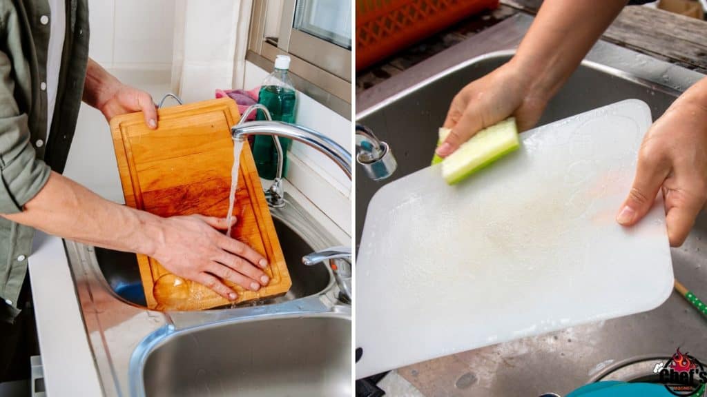 Washing wood and plastic cutting boards in kitchen sink 