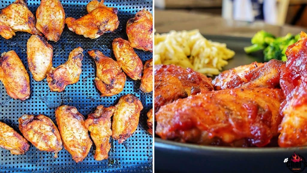 Chicken wings smoked and getting charred and finished with glaze on plate