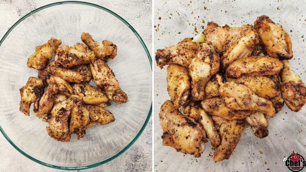 Smoked Chicken Wings in bowl and coated in Lemon Pepper glaze