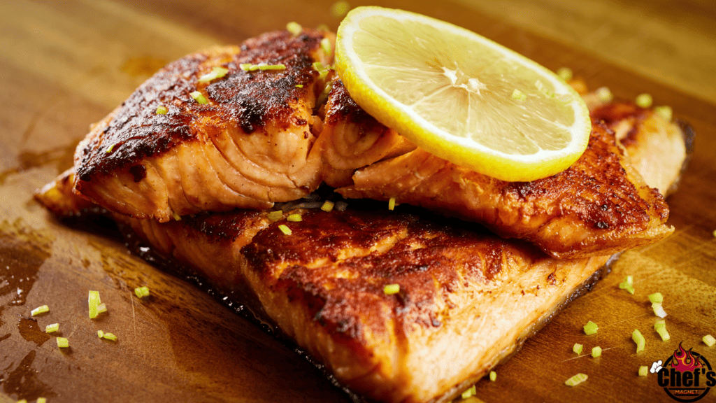 Smoked salmon on wood with sliced lemon