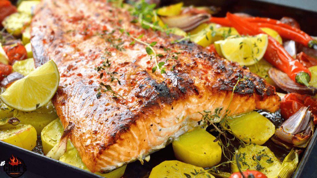 Grilled salmon with limes and vegetables 